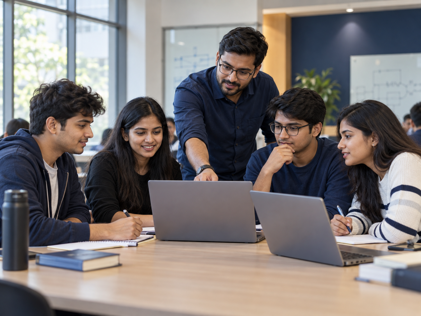 AI-generated illustration of engineering students preparing for campus recruitment with a trainer